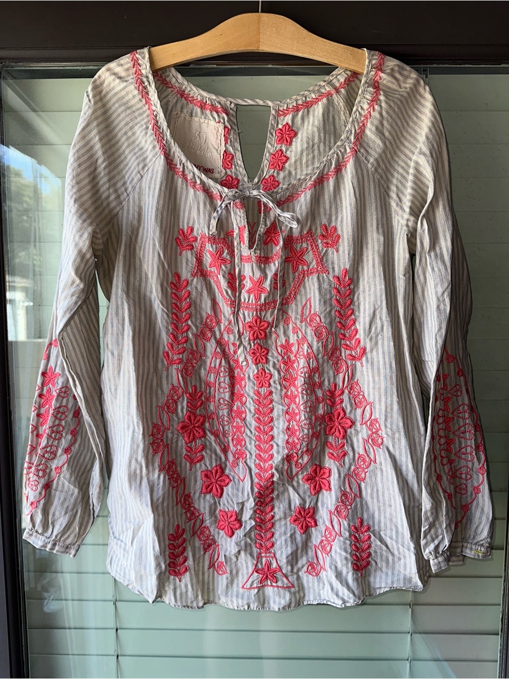 Johnny Was Embroidered Peasant Blouse - Coral on Striped Cream